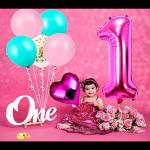 SV Traders 1st Birthday Girl Decoration/Pink Theme Birthday Balloon Bouquet Decoration/Girls Favorite Combo Of 8 Pcs-1 No.Pink 32 Inches Foil Balloon+Foil 18 Inches Pink Heart+Balloon-Golden Confetti(1)+Pastel Pink(2)+Blue(2)+Balloon Curling Ribbon