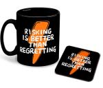 Whats Your Kick Resking is Better Then Regretting Design Printed Black Patch Ceramic Coffee Mug with Coaster Tea Mug 325ml
