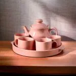 BACKKSPACE RETAIL Modern Design Teapot Set - Peach | with 2 Cups (160ML), 1 Kettle (450ML), and 1 Plate | Use for Gift, Office, Home | Lead-Free and Non-Toxic Ceramic Material - Safe for Health