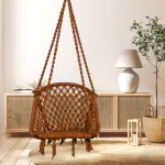 Patiofy Cotton Brown D Shape Swing Chair with Red Cushion and Hanging Kit, Jhula