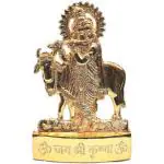 sv traders Gold Plated Metal Lord Krishna Ji Idol with Cow (Golden, 7x1x5cm)