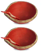 Mkd2 Rise Natural Clay Traditional Diwali Ke Diya | Earthen Clay Diya | Mitti Ka Diya | Diyas for Pooja (Red, Medium, Set of 2)