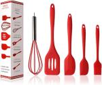 Ramkuwar 5 Piece Silicone Baking Utensils Kitchen Set Spatula, Whisk, Brush, Spoon, Scraper Tool Set for Mixing Baking & Cooking (Red)