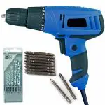 MLD electric screwdriver machine corded 230v drill screw gun with reverse forward torque adjustable system heavy 10mm keyless chuck magnetic PH2 +/- bit 5pcs hss bit set - [color_multi/material_Plastic]