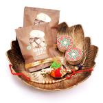 Rakhi Sweets-Brown Flower Platter with Bhaiya Bhabhi Rakhi set