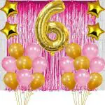FANEX Eco-friendly Foil 6TH Birthday Baby Girl or Boy Decoration ComboFoil curtain Pink, Number Foil Balloon and Gold and Pink Metallic Balloons Gold Star