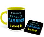 Whats Your Kick Kabaddi Theme Kabaddi Kabaddi Kabaddi Panga Mat Lo Design Printed Yellow Ceramic Coffee Mug with Coaster and Tea Mug 325ml