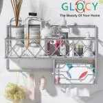 GLOCY 3 In1 Multipurpose Bathroom Rack with Hook/Toilet Paper Holder/Towel Holder/Organizer Steel Wall Shelf (Silver)