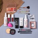 Rose Leaf Eyeshadow Palette , Brush Set, Makeup Fixer, 2 Pcs Lipsticks, Foundation, Face Primer, Makeup Fixer, Eyelashes, Blender, Loose Powder, Sketch Liner, Eyebrow Pencil, Kajal Pencil Full Combo for Women|Premium Quality