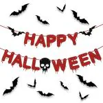 Festiko Horror Halloween Party Decoration, Happy Halloween Banner, Halloween Banner With 12 Pcs Bat Wall Sticker Decor Party, Kid Party, Haunted House Decor