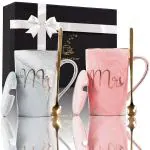 Lakeer Marbel Ceramic Cup Mr & Mrs Coffee Mug Set with Lid and Stirrer Gift Set for Couples Engagement Wedding Anniversary Valentine's Day Bridal Shower in Gift Box