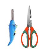 FIRST FRONT Dolphine Shape Electric Gas Lighter With Multipurpose Heavy Scissor Stainless Steel Kitchen Scissor and Multicolour, (Pack of 2)