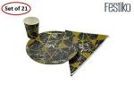 Festiko Birthday Party Disposable Marble Paper Plates, Glass, Banner For Party Decorations (Black And Gold, Set Of 21)