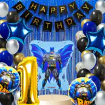House of Banter Bat superhero Theme Birthday Decoration Set for Kids Birthday- 69Pc - 60 Balloons, 2 Blue Curtains,1st Birthday Celebrations ( Bat superhero Birthday Theme Decorations for Boys / Kids Party / Adults )