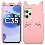 Indiacase Realme C35 Pink Slim Silicone, Rubber Cat Design, Wireless Charging Compatible Cases & Covers, Display Size-12 mm, 14 x 7 x 5 mm