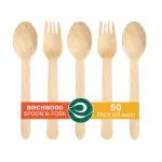 ECO SOUL (160 mm, Set of 50) Disposable Birchwood Spoon & Fork | Eco-friendly, Compostable, Use & Throw | 25 Spoons & 25 Forks