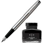 Parker Frontier Stainless Steel CT Fountain Pen + Quink Ink Bottle - Black (30ML)