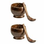 Thenga Hand Carved Natural Coconut Shell Soup Bowl and Soup Spoon for Home / Hotel / Restaurant - 350 ML - Pack of 2