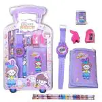 AMB New Cartoon 7 in 1 Stationery Gift Set for Children | Stationery Supplies Bundle with Digital Watch, Sharpener, Eraser, 2 Pencils, Wallet Pouch Return Gift for Kids(Cute Girl)