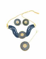 Bella Store Women Dark Blue Brass Handmade Kundan Choker Bollywood Necklace with Mangtika and Earrings (Pack of 3)