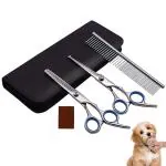 Qpets Dog Grooming Scissors Kit with Safety Round Tips Stainless Steel Professional Dog Hair Cutting Scissors - Thinning, Straight, Curved Shears and Comb for Long Short Hair for Dog Cats(3 PCS)