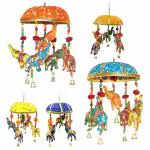 Sri Maruthi Enterprises Rajasthani Handcrafted Decorative Elephants Door Hanging with Zari Gota Work Round Tokri - Set of 5 (11 x 6 x 6 Inch