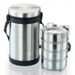 JVL Silver Stainless Steel Small Hot Insulated Three Layer Lunch Box With Bag