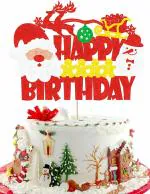 Festiko Happy Birthday Cake Topper with Santa Claus Ginger Bread Sleigh Winter Snowman, Christmas Decorations