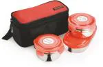 Trueware Red Stainless Steel 3-Containers Crunch Munch Lunch Box With Bag For Office, College, School, 1200 Ml