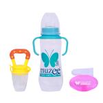MUZEE Soft Silicone Food Nibbler+ Feeding Bottle (250ml) + Finger Tooth Brush (Assorted Pack of 3)