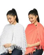 nene Breastfeeding Multi Purpose Scarf The Jersey Cotton Nursing Shawl, Breathable Breastfeeding Cover- Pack of 2 Large Size 180cmX55cm (Navy) (Grey-Orange)