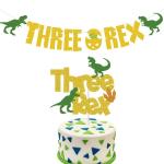 Festiko Dinosaur Three Rex Banner And Cake Toppers, 3rd Birthday Banner Young Wild, Three Dinosaur Jungle Jurassic Theme T, Rex 3rd Birthday Three Rex For Boys Girls Kids Children