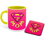 Whats Your Kick Super Mom Printed Yellow Ceramic Coffee Mug with Coaster and Tea Mug 325 ml