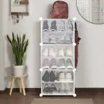 ABOUT SPACE Shoe Rack Organizer - 8 Layer Shoe Stand with Hanger & Door for Home - DIY 16 Pair Portable, Expandable 4 Cube Shoe Stand for Boots, Heels, Slipper Stand for Women, Men, Outdoor (White)