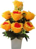 Abhay Flowers & Fashion Yellow Paper Fabric Decorative Flowers Kali Rose Artificial Flower With Pot - 13 Inch