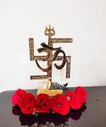 Blissful Decor Brass Swastik Om Trishul Trishakti Yantra | Trishakti Yantra for Door Home, Office & Shops