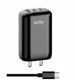 Softy 65W Triple Port GAN Charger | PD 3.0, QC3.0, QC4.0 | PPS Fast Charging 3 Ports | Compact Adapter with USB-C to USB-C Cable SC-02 (Black)