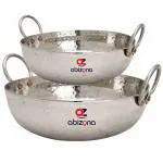 abizona Stainless Steel Sandwich Bottom Heavy Gauge Kadhai Cookware, Combo Set of 2, Steel Kadai for Cooking (1500ML-2500ML)-Silver