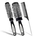 Majestique Blow Drying Hair Brush Set, Salon Blowout Hair Styling with Antistatic Bristles for Wet or Dry Hair, Two-size Aluminum Barrel with Tail Comb - 3Pcs/Black