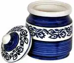 RAJ@ROYAL Mughal Art Ceramic Pottery Hand Painted Dining Accessories Cornichon Crockery Pulses Dry Fruit Pickle Storage Jar for Kitchen (Blue_750Gr)