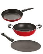 Nirlon 3 pcs of Red, Black Non-stick Pot and Pans Cookware Combo Set