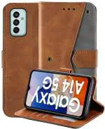 Autofocus Faux Leather Back Case Flip Cover for Samsung Galaxy A14 5G, Samsung A14 5G with ID Card Slot | Foldable Stand | 2 Card Slot | 1 Cash Slot | Magnetic Closure - Executive Brown, 21636