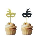 Festiko 24 Pcs Gold And Black Masquerade Masks Cupcake Topper For New Years Party, Birthday Party, Wedding Party Decorations