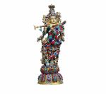 Idol Collections Multicolor Brass Krishna Statue Work, Gold Dhankunji Lakshmi Kuber With Chitraleka Idol Showpiece, 5 Inch