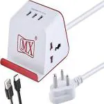 MX Cube Extension Board Universal Socket with 3 USB Charging Ports Spike Protector Safety Shutter + Type C Cable (2 Sockets + 3USB) -Multi Plug Socket (MX TY-801-1.5m, White
