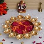 T-KA108 Diya Shape Flower Decorative Urli Bowl for Home Handcrafted Bowl Brass Table Diya Set  (Height: 9 inch)
