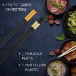 Hichaki 2 Pairs Dot Yellow & Plastic Gold Reusable Alloy Chopsticks | Dishwasher Safe | Lightweight & Easy to Use