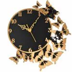 Nozvera Wooden Wall Clock for Home Stylish Latest Silent Non Ticking Butterfly Design Wall Clock for Living Room Decorative Wall Clock for Home Bedroom Hall & Office (Black Gold)