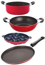 Nirlon Aluminium Red, Black Standard Non-Stick Gas Compatible Kitchen Cooking Essential Items - 2.6Mm_Ft13_Kd14_Ap (Pack Of 4)