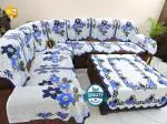 KEDAR CORPORATION STANDARD Premium sofa cover for l shape sofa cover 7 sofa cover with Center Table cover customisable sofa cover for living room flower design corner sofa cover Blue daisy design for luxury sofa 16 pieces sofa cover set